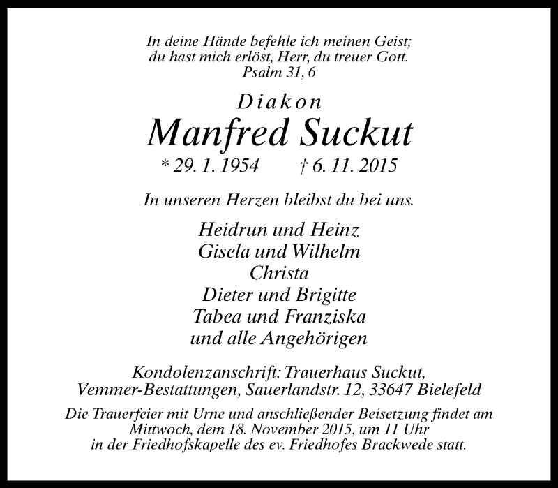  Traueranzeige für Manfred Suckut vom 07.11.2015 aus Neue Westfälische