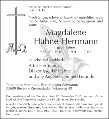 Traueranzeige von Magdalene Hahne-Herrmann von Neue Westfälische
