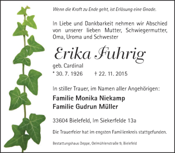 Traueranzeige von Erika Fuhrig von Neue Westfälische