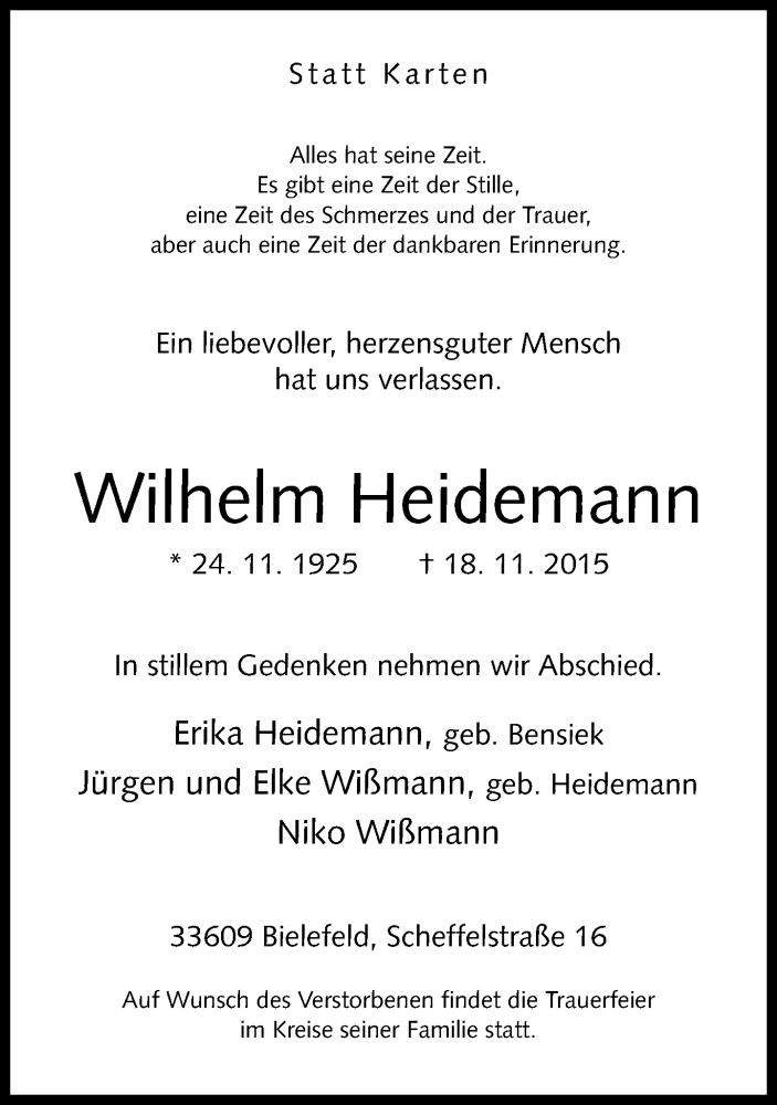  Traueranzeige für Wilhelm Heidemann vom 21.11.2015 aus Neue Westfälische