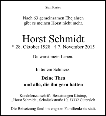 Traueranzeige von Horst Schmidt von Neue Westfälische
