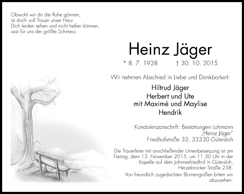  Traueranzeige für Heinz Jäger vom 07.11.2015 aus Neue Westfälische