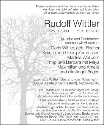 Traueranzeige von Rudolf Wittler von Neue Westfälische
