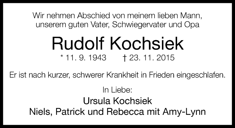  Traueranzeige für Rudolf Kochsiek vom 28.11.2015 aus Neue Westfälische