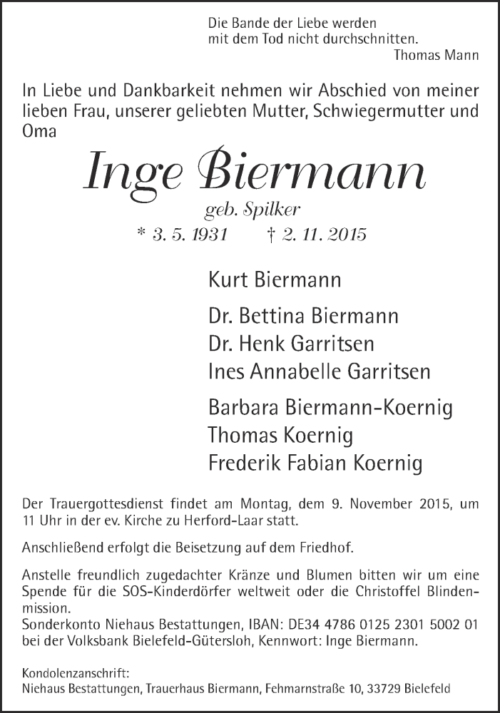  Traueranzeige für Inge Biermann vom 05.11.2015 aus Neue Westfälische