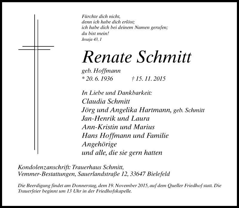  Traueranzeige für Renate Schmitt vom 17.11.2015 aus Neue Westfälische