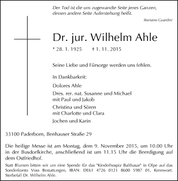 Traueranzeige von Wilhelm Ahle von Neue Westfälische