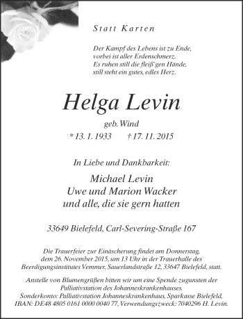 Traueranzeige von Helga Levin von Neue Westfälische