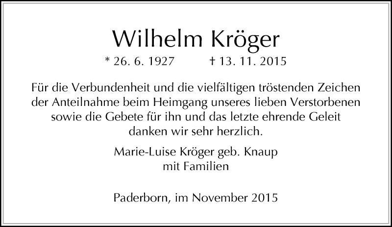  Traueranzeige für Wilhelm Kröger vom 28.11.2015 aus Neue Westfälische
