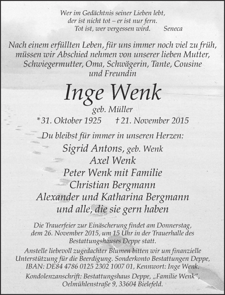  Traueranzeige für Inge Wenk vom 24.11.2015 aus Neue Westfälische