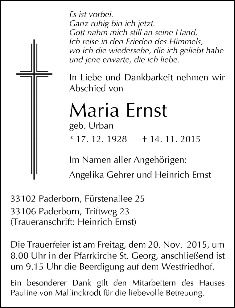  Traueranzeige für Maria Ernst vom 17.11.2015 aus Neue Westfälische