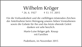 Traueranzeige von Wilhelm Kröger von Neue Westfälische