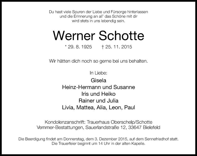  Traueranzeige für Werner Schotte vom 28.11.2015 aus Neue Westfälische