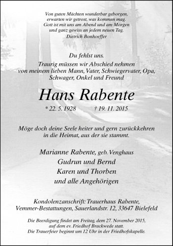 Traueranzeige von Hans Rabente von Neue Westfälische