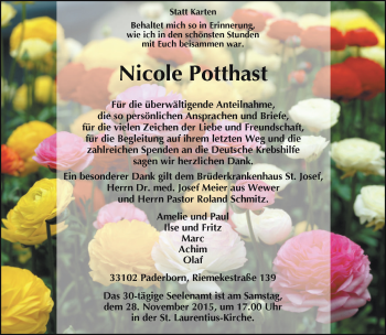 Traueranzeige von Nicole Potthast von Neue Westfälische