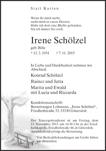 Traueranzeige von Irene Schölzel von Neue Westfälische