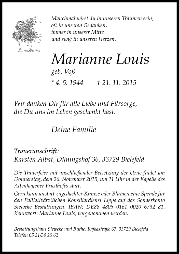  Traueranzeige für Marianne Louis vom 23.11.2015 aus Neue Westfälische