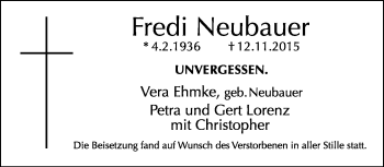 Traueranzeige von Fredi Neubauer von Neue Westfälische