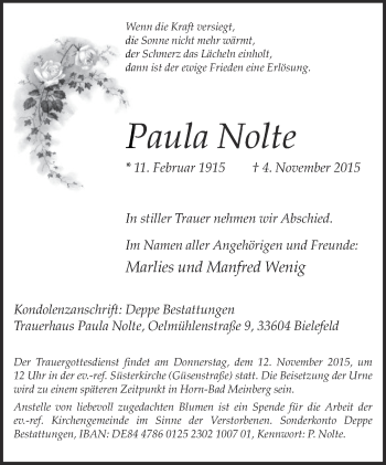 Traueranzeige von Paula Nolte von Neue Westfälische