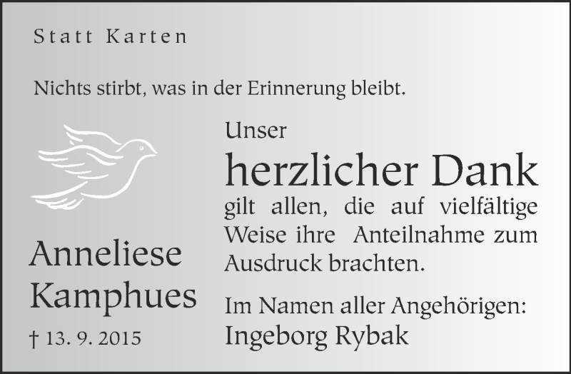  Traueranzeige für Anneliese Kamphues vom 07.11.2015 aus Neue Westfälische
