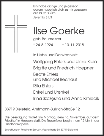 Traueranzeige von Ilse Goerke von Neue Westfälische