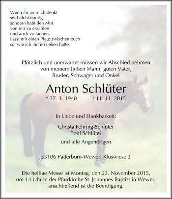 Traueranzeige von Anton Schlüter von Neue Westfälische