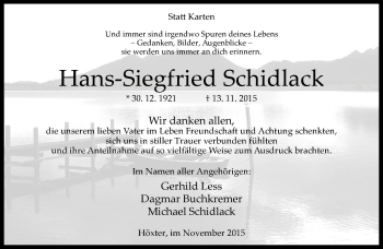 Traueranzeige von Hans-Siegfried Schidlack von Neue Westfälische