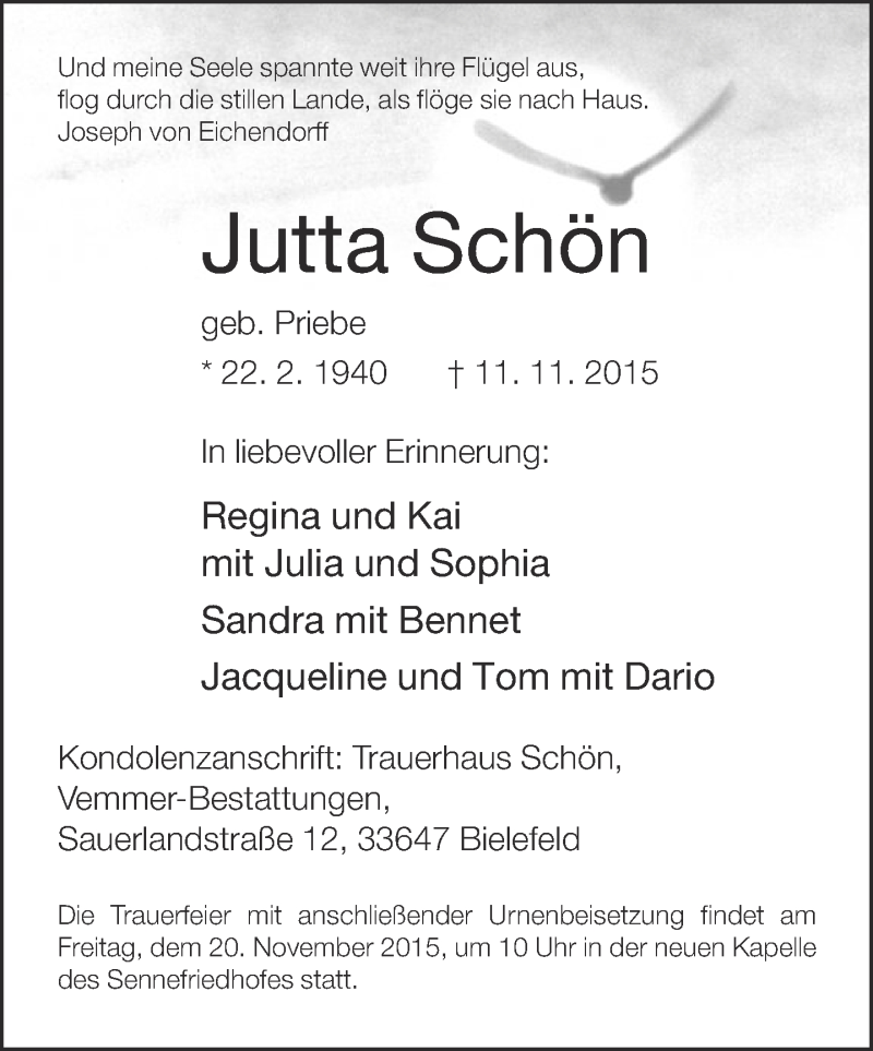  Traueranzeige für Jutta Schön vom 14.11.2015 aus Neue Westfälische