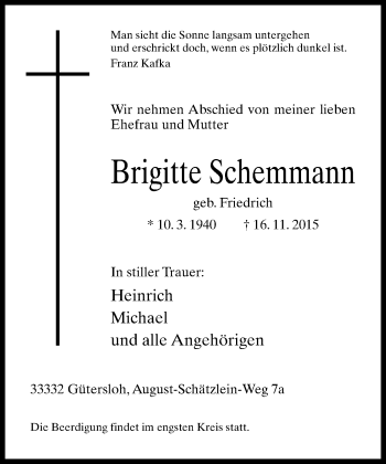 Traueranzeige von Brigitte Schemmann von Neue Westfälische