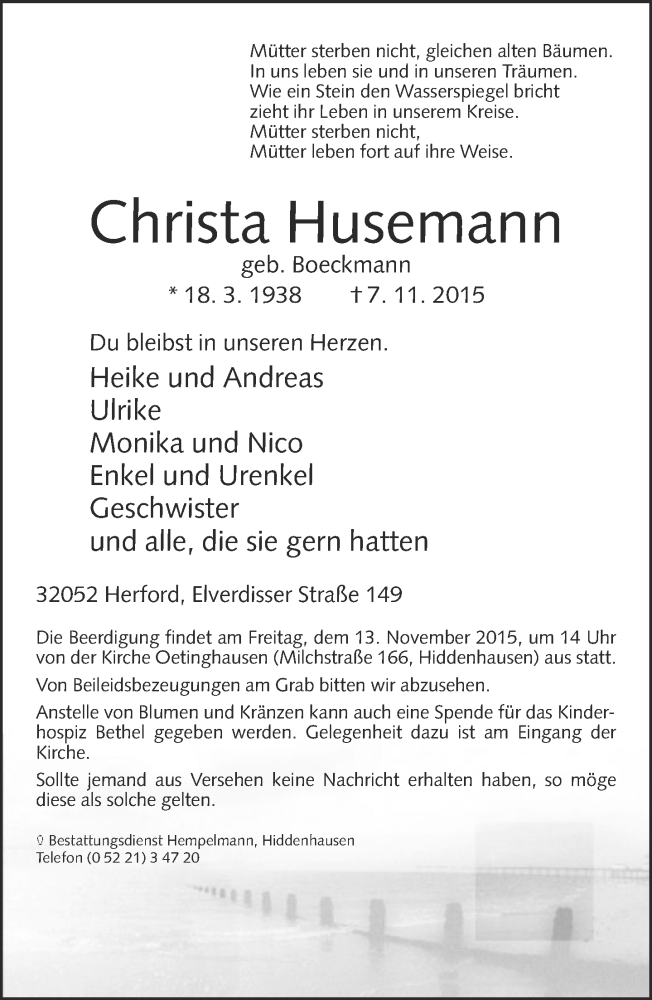  Traueranzeige für Christa Husemann vom 10.11.2015 aus Neue Westfälische
