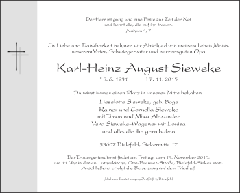 Traueranzeige von Karl-Heinz August Sieweke von Neue Westfälische