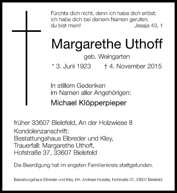 Traueranzeige von Margarethe Uthoff von Neue Westfälische