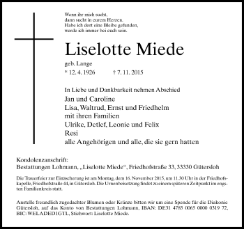 Traueranzeige von Liselotte Miede von Neue Westfälische