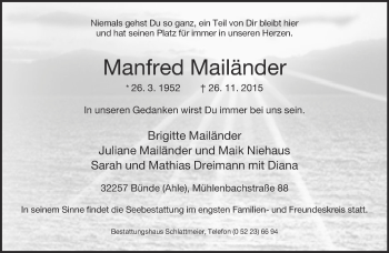 Traueranzeige von Manfred Mailänder von Neue Westfälische
