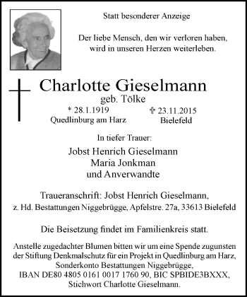 Traueranzeige von Charlotte Gieselmann von Neue Westfälische
