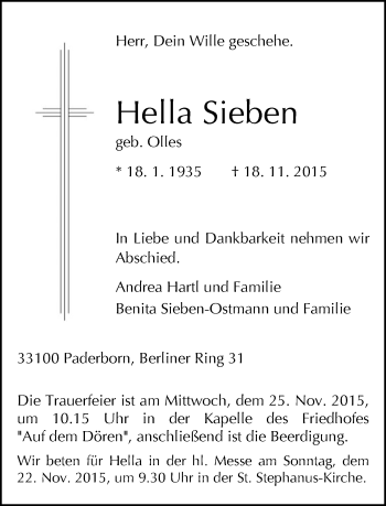 Traueranzeige von Hella Sieben von Neue Westfälische