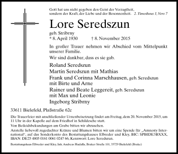 Traueranzeige von Lore Seredszun von Neue Westfälische