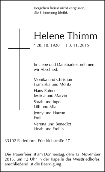Traueranzeige von Helene Thimm von Neue Westfälische