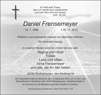 Traueranzeige von Daniel Frensemeyer von Neue Westfälische