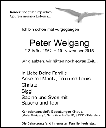 Traueranzeige von Peter Weigang von Neue Westfälische