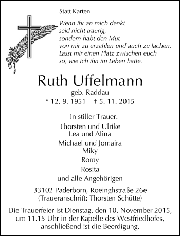 Traueranzeige von Ruth Uffelmann von Neue Westfälische