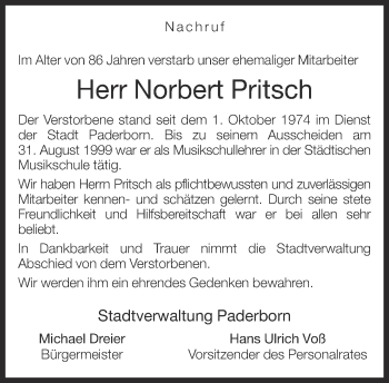 Traueranzeige von Norbert Pritsch von Neue Westfälische