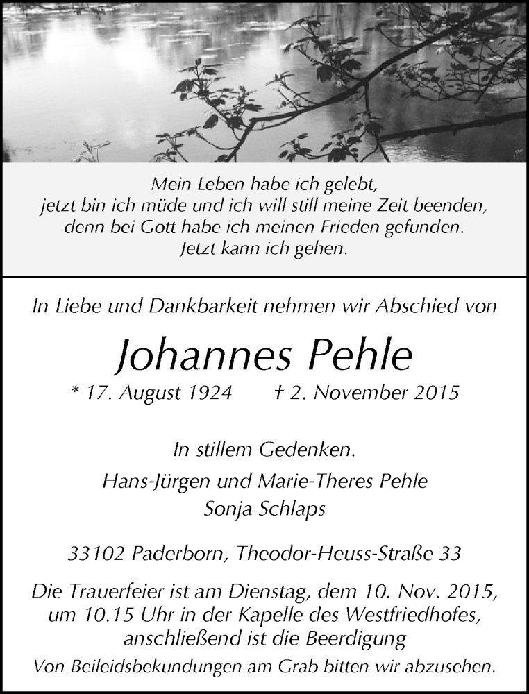  Traueranzeige für Johannes Pehle vom 05.11.2015 aus Neue Westfälische