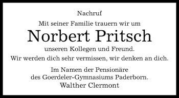 Traueranzeige von Norbert Pritsch von Neue Westfälische
