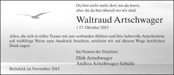 Traueranzeige von Waltraud Artschwager von Neue Westfälische