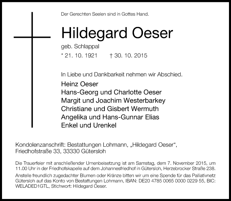  Traueranzeige für Hildegard Oeser vom 02.11.2015 aus Neue Westfälische
