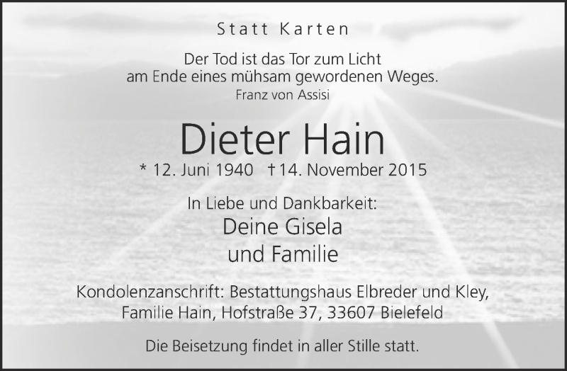 Traueranzeige für Dieter Hain vom 21.11.2015 aus Neue Westfälische
