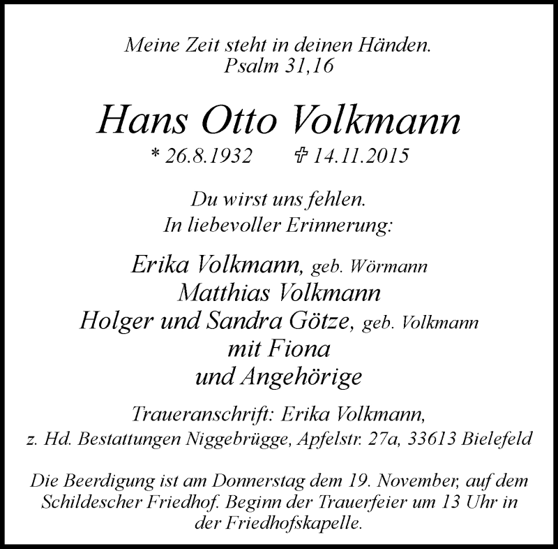  Traueranzeige für Hans Otto Volkmann vom 16.11.2015 aus Neue Westfälische