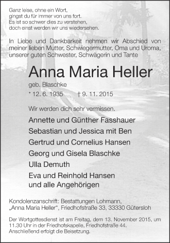 Traueranzeige von Anna Maria Heller von Neue Westfälische