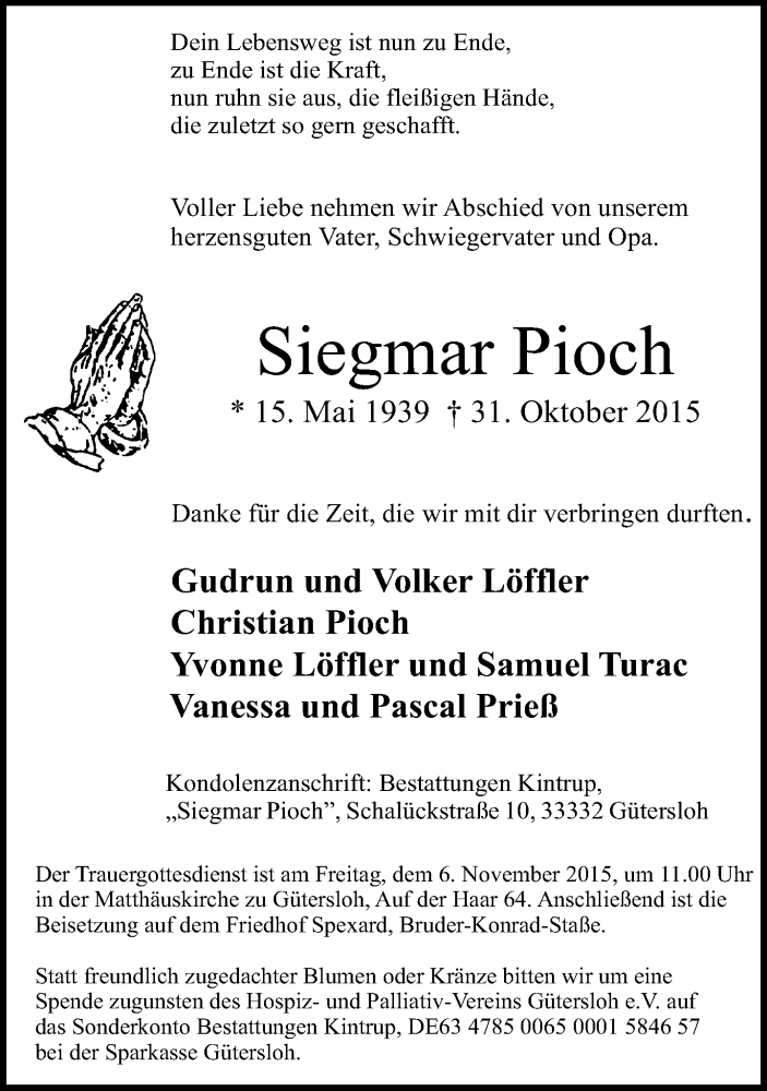  Traueranzeige für Siegmar Pioch vom 03.11.2015 aus Neue Westfälische